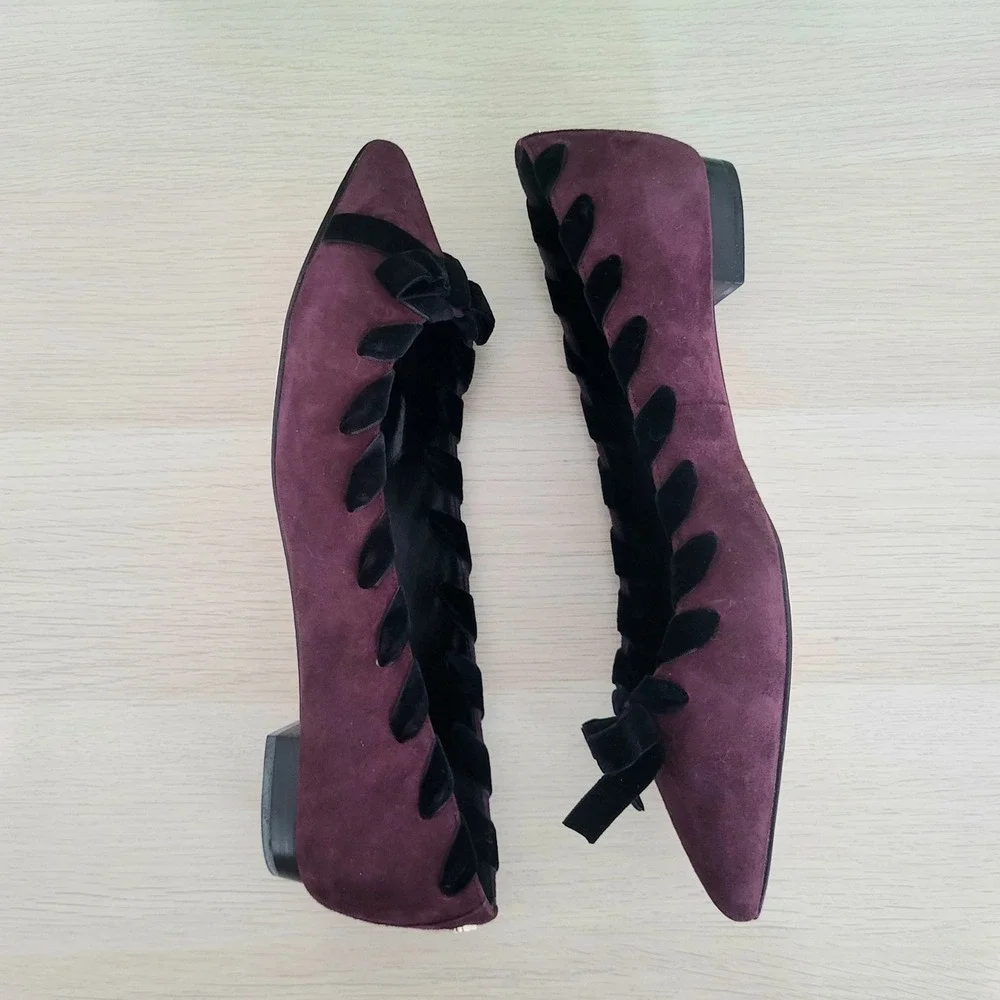 Kate Spade Kalani Suede Flats Cherry Burgundy Red Purple Black Bow Point Shoes 8